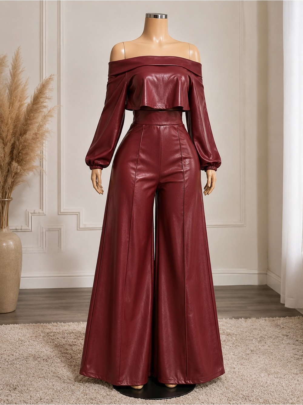 Off-Shoulder Wide-Leg Faux Leather Jumpsuit in Wine